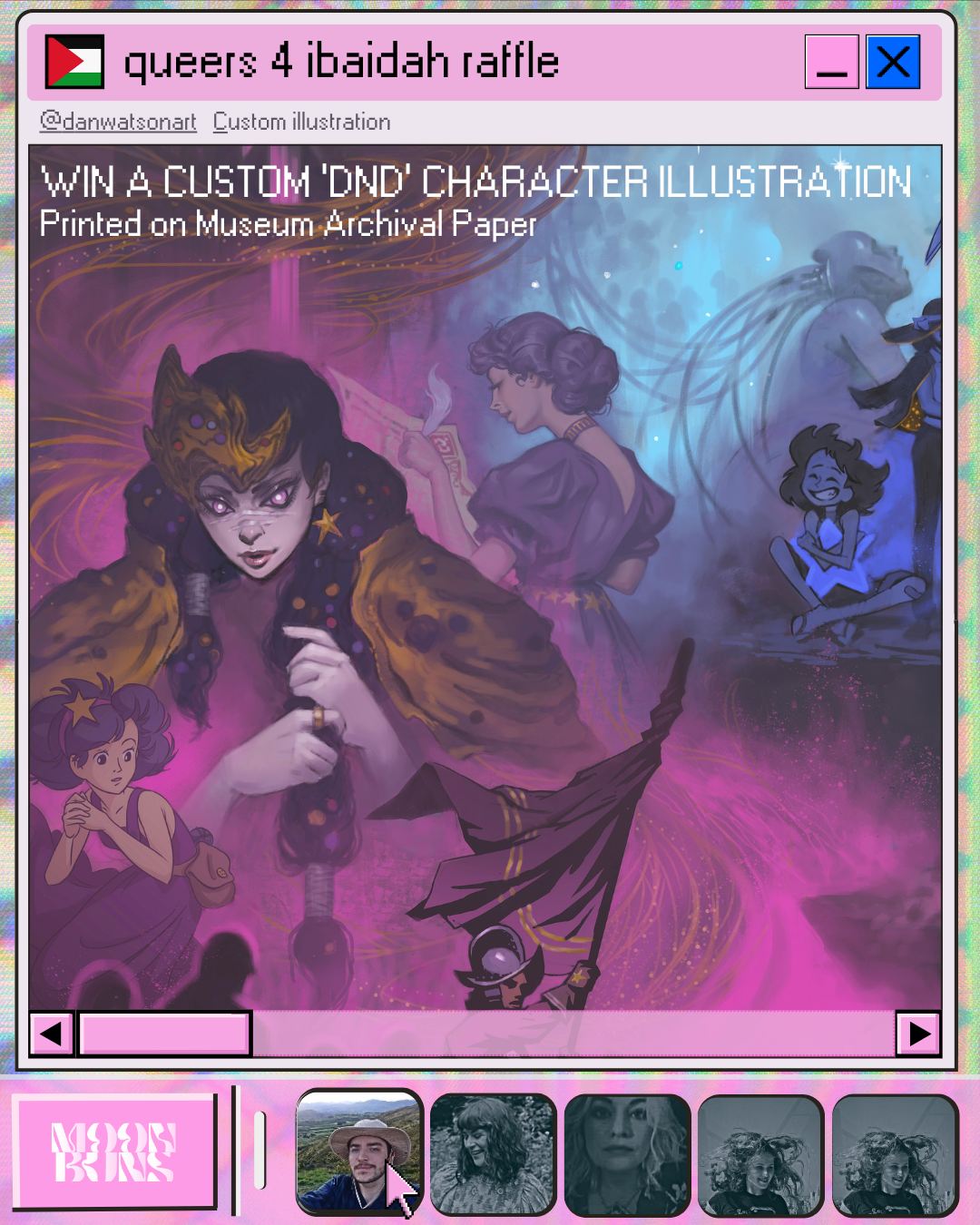 Illustration of a character with a fantasy theme on a pink and purple background, featuring text about a raffle for a custom illustration.